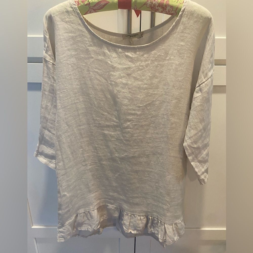 Lungo L’Arno Italy 100% Linen Ruffled Hem 3/4 Sleeve Tunic Top Beige Size Small